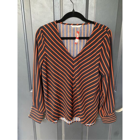 Only EUC Orange Navy Blue V-Neck Blouse, Size Medium - Picture 1 of 9